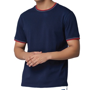T-shirt pour homme bleu marine à bordures contrastées, 100% coton, col rond, décontracté, été, manches courtes, OEM, marque privée, fournisseur en gros - Product Image 5