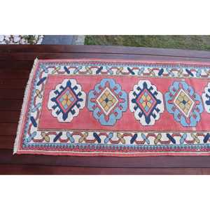 Vintage Turkish <b>Wool</b> Rug 2.6x7.7 ft (79x236 Cm) Eco-Friendly Patchwork Design with <b>Red</b> and Blue Plants & Trees Latex Backing - Product Image 4