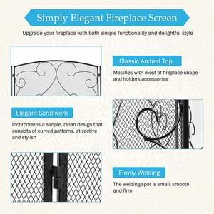 Accesorios de pantalla de chimenea de hierro negro de 3 paneles de metal Protector de chispa de hierro para decoración del hogar - Product Image 5