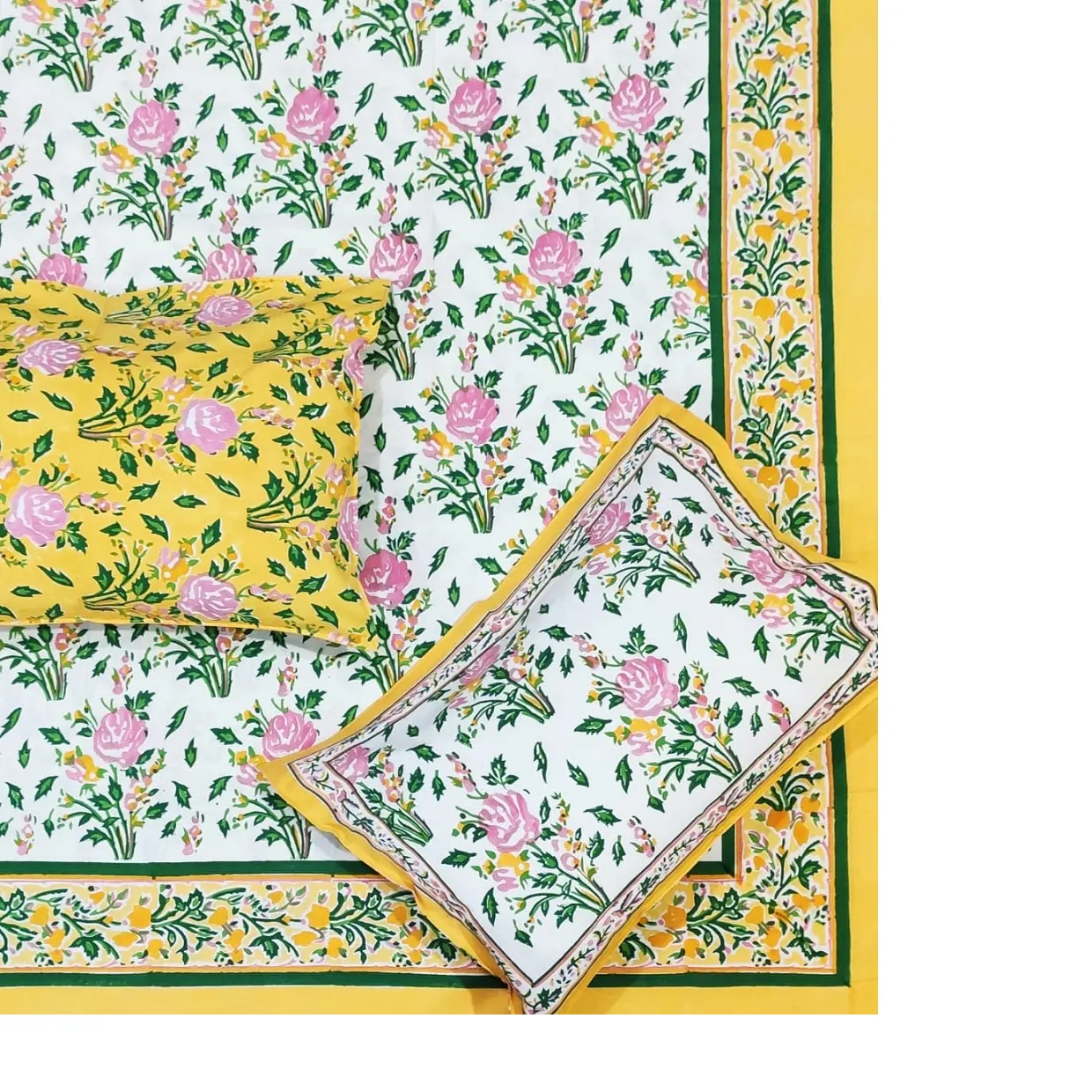 مفارش سرير قطن بنسبة 100% مصنعة حسب الطلب بأحجام مختلفة بتصميمات زهرية مع طباعة إطار ملون أصفر وألوان زاهية