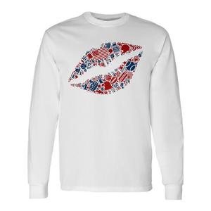 T-shirt promozionale a maniche lunghe con silhouette di labbra sexy e simboli americani per il 4 luglio - Product Image 1