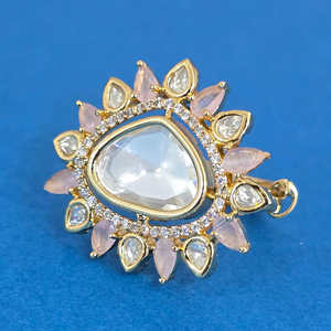Handmade Adjustable Kundan <b>Ring</b> From India Fashionable Jewelry with Carat Gold Plating - Product Image 4