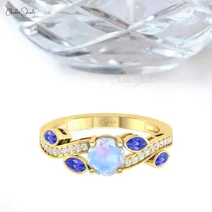 Anello di pietra di luna arcobaleno floreale Multi Birthstone con Tanzanite e diamante bianco 14k anello di fidanzamento in oro massiccio a prezzo di fabbrica