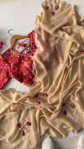 Hermoso Sari de Seda con Estampado Craquelado y Trabajo a Mano para Fiestas y Bodas, para Mujeres Indias, en Existencia - Product Image 3