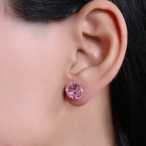 Pink Gemstone <b>Stud</b> Earrings Gold Plated <b>Silver</b> Alloy Bezel Setting for Wedding or Engagement Women's Gift - Product Image 1