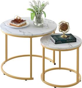 Ensemble de 2 tables d'appoint de salon au design moderne, inspirées du marbre brillant et avec une base en métal plaqué argent - Product Image 1