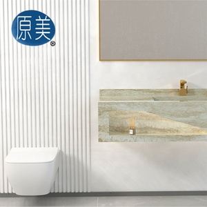 Iluminación LED Nicho Pizarra Gabinete de <span class=keywords><strong>lavabo</strong></span> integrado Mármol Superficie sólida Fregadero de piedra sinterizada Tocador de baño con espejo enmarcado - Product Image 5