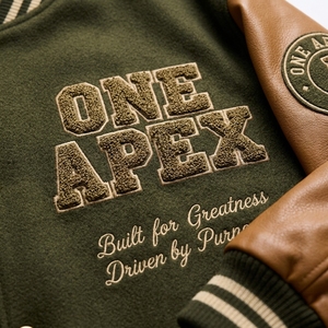 Custom <b>Men's</b> Olive Green Varsity <b>Jacket</b> Wool Body PU Leather Sleeves Chenille Embroidery Letterman <b>Baseball</b> <b>Jacket</b> OEM - Product Image 6