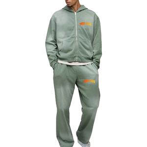 Logo imprimé bouffant personnalisé hommes sweats à capuche en coton pantalon de survêtement ensemble 2 pièces Jogging survêtement Streetwear surdimensionné fermeture éclair survêtement - Product Image 1