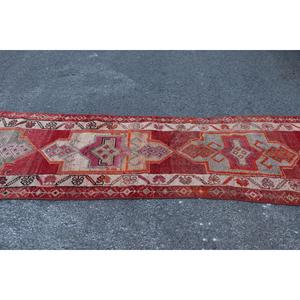 Turkish Vintage Herki <b>Runner</b> Rug 2.7x13.3 ft, <b>Red</b> Striped Rug Wool - Product Image 3