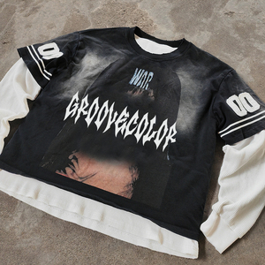 T-shirt personnalisé YSJY avec strass, coton 300 g/m², t-shirt lavé, streetwear, vintage, délavage acide, double couche, manches longues, pour homme - Product Image 1