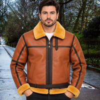 Blouson aviateur en cuir véritable et laine de mouton marron pour homme, coupe-vent, zippé, streetwear d'hiver, avec logo frontal