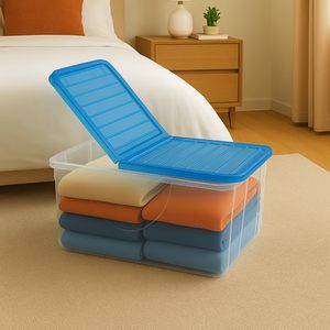 Boîte de rangement en plastique transparent bleu avec couvercle pliant Design peu encombrant Capacité de 41.5 litres Dimensions incluses - Product Image 3