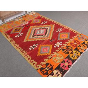 พรมคิลิมวินเทจ ขนาด 4.9x7.9 ฟุต พรมตุรกี พรมขนสัตว์สีแดงไล่เฉด - Product Image 1