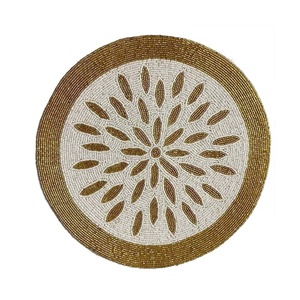 <b>Green</b> Christmas Tree Design Round Beaded White with Brown Outline Handmade <b>Coaster</b> Set of Four Pieces - Product Image 3