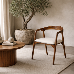 Solid Mango Wood Dining Chair | Japandi Minimal Modern <b>Seating</b> | Upholstered Custom Color Wooden Armchair - Product Image 1