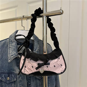 Sac sous le bras en jean pour femmes, petit sac à bandoulière, fermeture éclair, dentelle de niche, style cool et doux, patchwork, pliable, capacité de 1L - Product Image 2