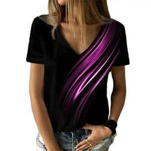 Camiseta de gran tamaño para mujer de alta calidad, camisetas sencillas de manga corta a la moda con estampado de rayas 3D, cuello en V informal de longitud larga - Product Image 6