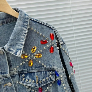 Veste en jean brodée de fleurs printemps strass Jeans manteau cristal Rivets Cowboy Cardigan hauts pour hommes - Product Image 3