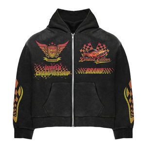 Venta al por mayor Zip up Vintage Hoodie chándal personalizado impreso lavado ácido acampanado pantalones de chándal y conjunto de Sudadera con capucha - Product Image 2