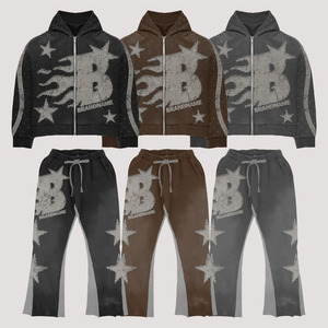 Sudadera con capucha lavada con ácido personalizada para hombre, conjunto de pantalones de chándal con diamantes de imitación, Sudadera con capucha estampada de invierno sólida al por mayor en línea - Product Image 6