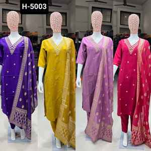 Traje de Salwar Kameez de trabajo de bordado pesado para mujer más hermosa con seda de algodón con trabajo de tejido exquisito Dupatta para boda - Product Image 6