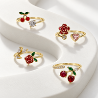 Bagues ajustables pour femmes, mode, romantiques, avec CZ rouge rose, motif cerise et rose, bijoux de fête, vente en gros