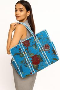 Indian Handmade Cotton Quilted Hand Block Floral Printed Reversible Medium Size Boho Tote Bag Free Shipping Worldwide - Product Image 4