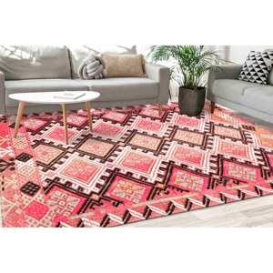 Alfombra Estampada con Diseño Kilim Rosa: Estilo Navajo y Persa Moderno, Alfombra Delgada No Tejida - Product Image 1
