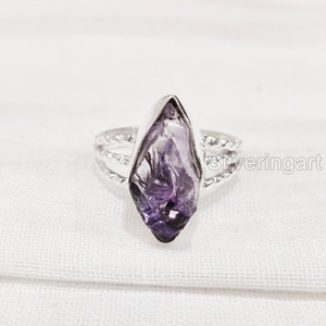 Anillo de Plata de Ley 925 con Amatista Natural en Bruto para Mujer, Gema de Febrero, Banda Punteada, Joyería de Piedra Natural, Regalo de Navidad - Product Image 1