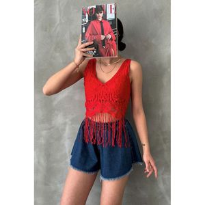 Haut bustier brodé en dentelle à col en V et ourlet à franges rouges TOPSHOW pour femme - Lingerie et vêtements en gros - Product Image 1