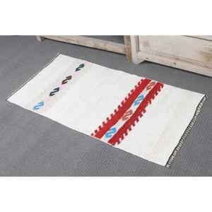 Alfombra turca vintage, pequeña, de 1.7x3.3 pies (51x102 cm), alfombra de lana con motivos de plantas y árboles blancos - Product Image 4