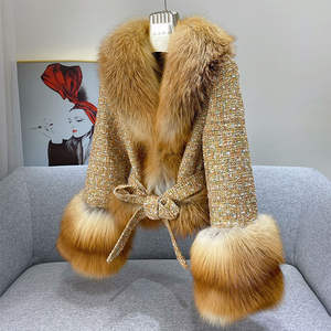 Abrigo de Mezcla de Lana para Mujer con Cuello y Puños de Piel de Zorro, Decoración de Botones, Relleno de Poliéster, Cálido - Product Image 3