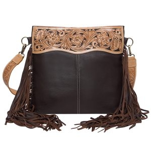 Ready-to-Stock Women's Bohemian Western Style Sling <b>Tote</b> <b>Bag</b> Hand <b>Tooled</b> Floral Solitaire Design Cowhide Leather With Hair - Product Image 1
