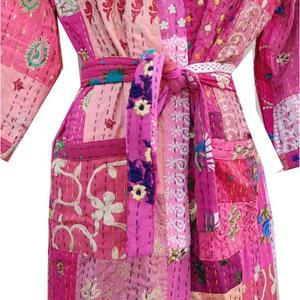 Kimono largo Khambadiya lujo 100% estampado de seda Kantha para mujer invierno suave con bolsillos cinturón otoño moda - Product Image 4