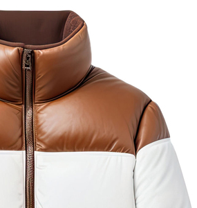 Custom High Quality <b>Men's</b> <b>Puffer</b> Leather <b>Jacket</b> Genuine Sheepskin with Stand Collar Brown & <b>White</b> Lightweight Winter Bomber - Product Image 3
