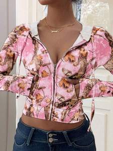 Rose Camouflage Crop Zip Hoodies Femmes Streetwear Ajusté à Manches Longues Haut Fermeture Éclair Avant Logo Personnalisé OEM Marque Privée Vente en Gros - Product Image 6