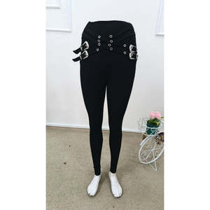 Women's High-Waisted Front Cross Eyelet Detail Scuba <b>Leggings</b>, 31876 - <b>Black</b> - Product Image 5