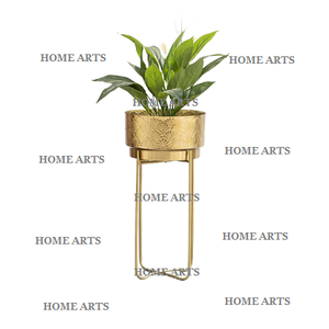 Pot à fleurs en laiton doré fait à la main, qualité exclusive, forme ronde, jardinière avec support en fer au meilleur prix en Inde - Product Image 1