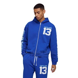 Conjunto de chándal de invierno respetuoso con el medio ambiente personalizado para hombre, Sudadera con capucha estampada con dobladillo crudo, pantalones de chándal acampanados, diseño Stack J - Product Image 4