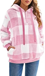 Conjunto de Sudadera con capucha Sherpa para mujer de alta calidad, ropa de abrigo de punto a cuadros de gran tamaño, cremallera, estampado informal, longitud corta, venta al por mayor - Product Image 3