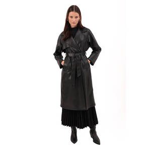 Manteau trench en cuir tricoté noir à double boutonnage pour femme avec ceinture - Product Image 2