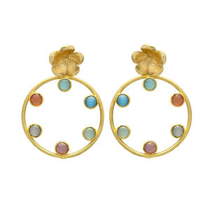 New Arrival Multi Gemstone Flower Stud <b>Hoop</b> <b>Earrings</b>, Gold Plated <b>Earring</b> for Woman and Girls - Product Image 1