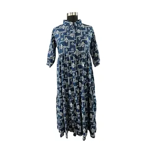 Vestido Largo Azul Índigo con Estampado a Mano, Diseño Personalizado para Damas de Oficina, Talla Grande, Transpirable, Talla Única 5XL para el Día de un Día - Product Image 3