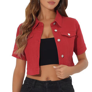 Mélange de coton doux et léger recadrée pour les femmes mode veste en jean courte légère ajustée extensible avec poches - Product Image 5