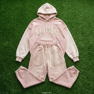 Conjunto de Sudadera con Capucha y Pantalones Deportivos para Mujer, Color Rosa Rubor, con Pedrería Bordada, de Algodón y Felpa, Estilo Oversize, Venta al Por Mayor OEM - Product Image 6