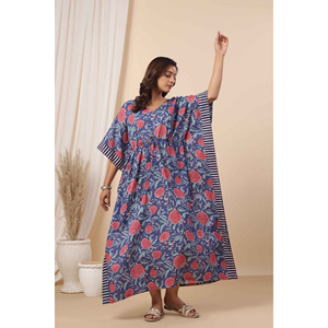 ชุดเดรสยาวผ้าฝ้ายพิมพ์ลายด้วยมือ Fayra Tarini Indigo Bloom ไซส์ฟรี - Product Image 1
