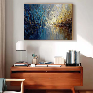 Palette Knife Blue Golden Reflection Abstract Wall Artwork Hand Painted Textured Abstract Art Elegant Decorative Painting <b>Canvas</b> - Product Image 1