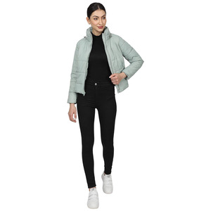 Women's Light Green Quilted <b>Jacket</b> Stand Collar Full Sleeve Zipper Closure Short Length Polyester Shell Autumn Wear - Product Image 5