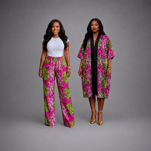 Set Estivo Kimono e Pantaloni in Stile Ankara Rosa e Verde - Product Image 1